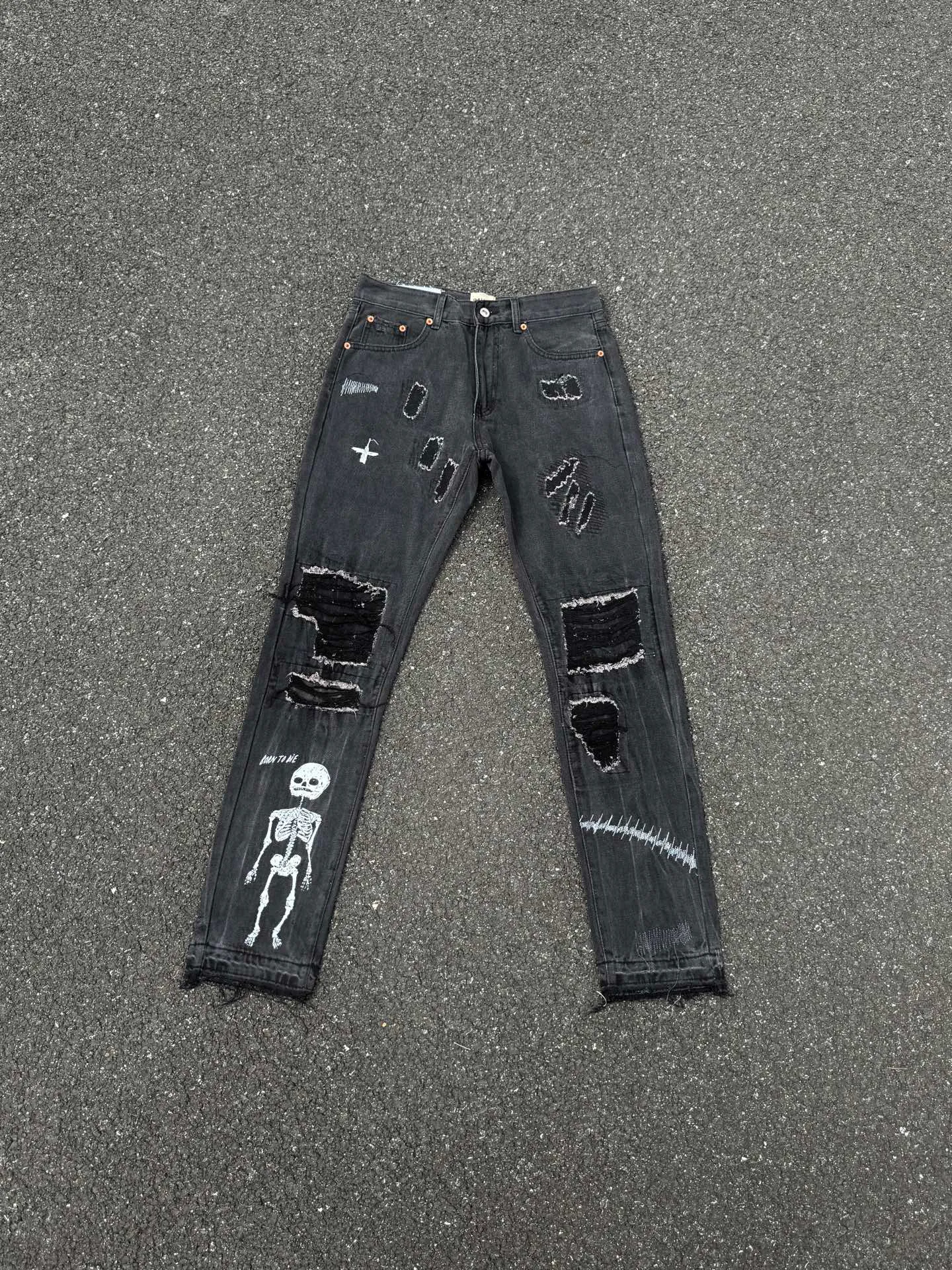 P246💰G22 GALLERY DEPT. Skull hand-stitched distressed distressed jeans -Color: Black -Size: S-XXL